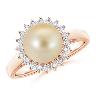 9mm AAA Golden South Sea Cultured Pearl Ring with Floral Halo in 9K Rose Gold