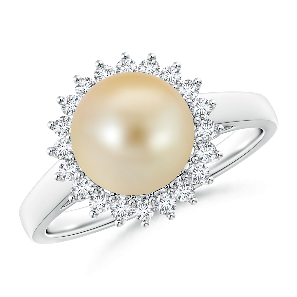 9mm AAA Golden South Sea Cultured Pearl Ring with Floral Halo in White Gold