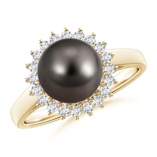 9mm AAA Tahitian Cultured Pearl Ring with Floral Halo in Yellow Gold