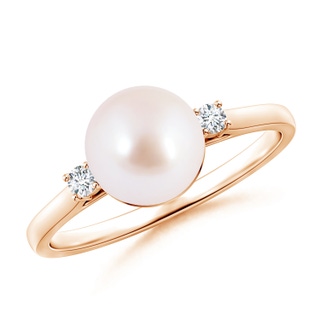 8mm AAA Japanese Akoya Pearl Ring with Diamond Accents in 9K Rose Gold