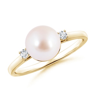 8mm AAA Japanese Akoya Pearl Ring with Diamond Accents in Yellow Gold