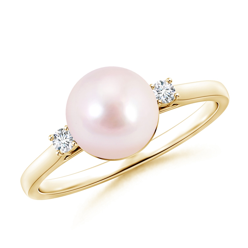 8mm AAAA Japanese Akoya Pearl Ring with Diamond Accents in Yellow Gold