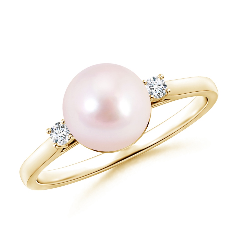 8mm AAAA Japanese Akoya Pearl Ring with Diamond Accents in Yellow Gold 