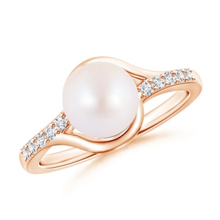 8mm AA Solitaire Japanese Akoya Pearl Bypass Ring with Diamonds in 10K Rose Gold