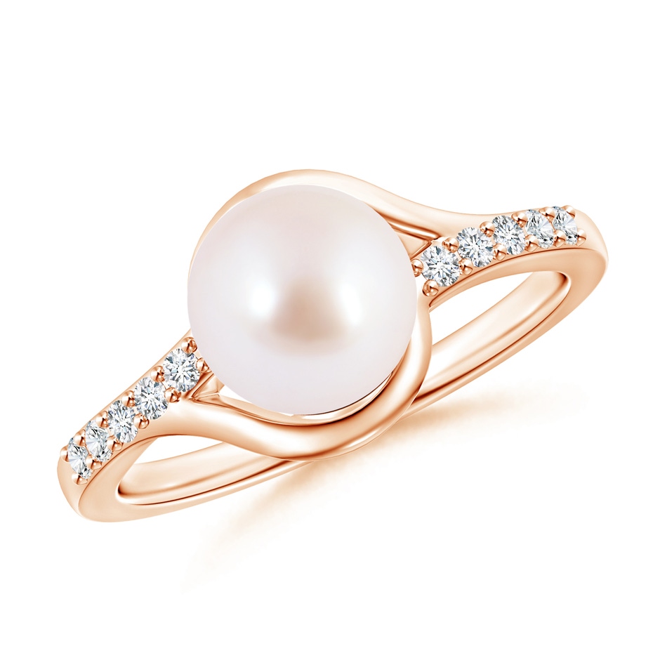 8mm AAA Solitaire Japanese Akoya Pearl Bypass Ring with Diamonds in Rose Gold 
