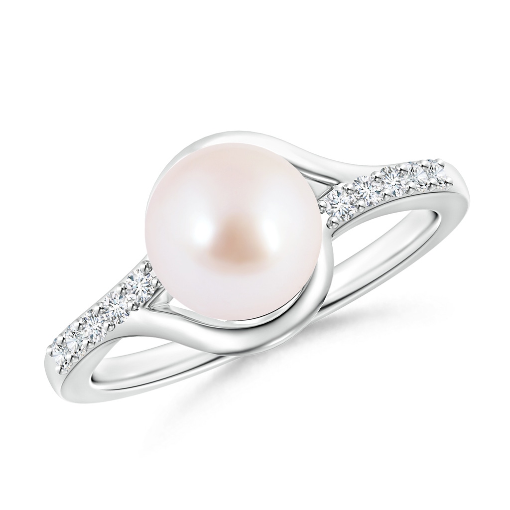 8mm AAA Solitaire Japanese Akoya Pearl Bypass Ring with Diamonds in White Gold