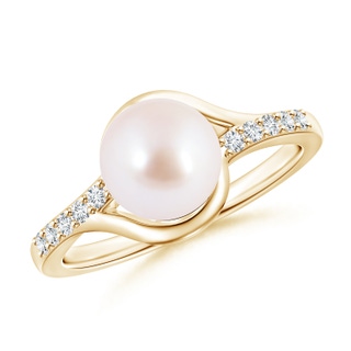 8mm AAA Solitaire Japanese Akoya Pearl Bypass Ring with Diamonds in Yellow Gold