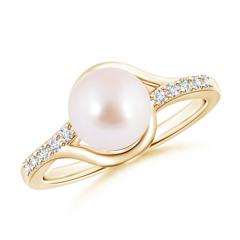 8mm AAA Solitaire Japanese Akoya Pearl Bypass Ring with Diamonds in Yellow Gold 