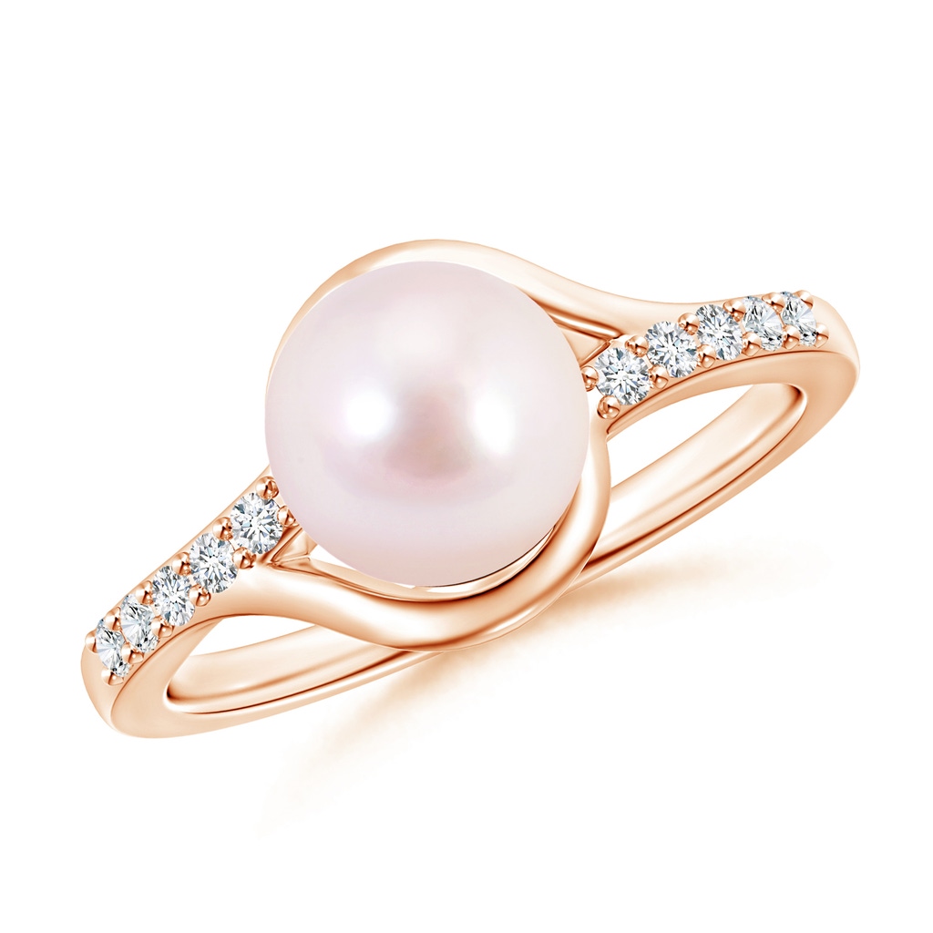 8mm AAAA Solitaire Japanese Akoya Pearl Bypass Ring with Diamonds in Rose Gold