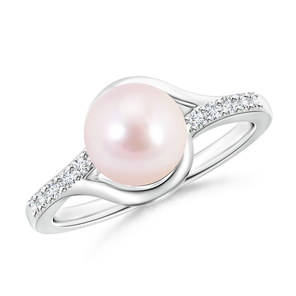 8mm AAAA Solitaire Japanese Akoya Pearl Bypass Ring with Diamonds in White Gold