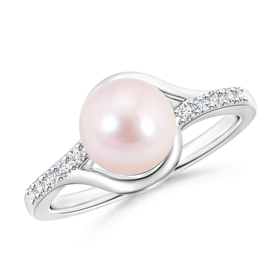 8mm AAAA Solitaire Japanese Akoya Pearl Bypass Ring with Diamonds in White Gold 