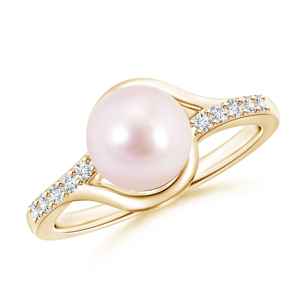 8mm AAAA Solitaire Japanese Akoya Pearl Bypass Ring with Diamonds in Yellow Gold