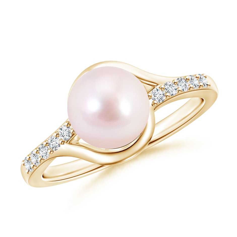 8mm AAAA Solitaire Japanese Akoya Pearl Bypass Ring with Diamonds in Yellow Gold 