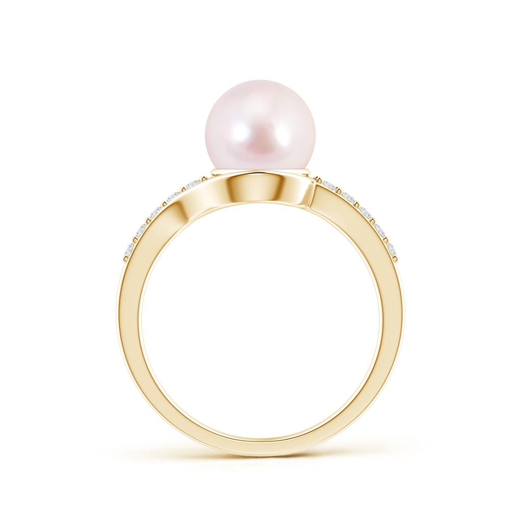 8mm AAAA Solitaire Japanese Akoya Pearl Bypass Ring with Diamonds in Yellow Gold Product Image