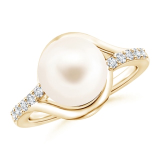 10mm AAA Solitaire Freshwater Pearl Bypass Ring with Diamonds in Yellow Gold
