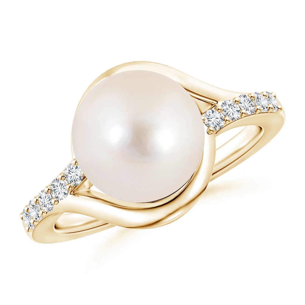 10mm AAAA Solitaire Freshwater Pearl Bypass Ring with Diamonds in Yellow Gold