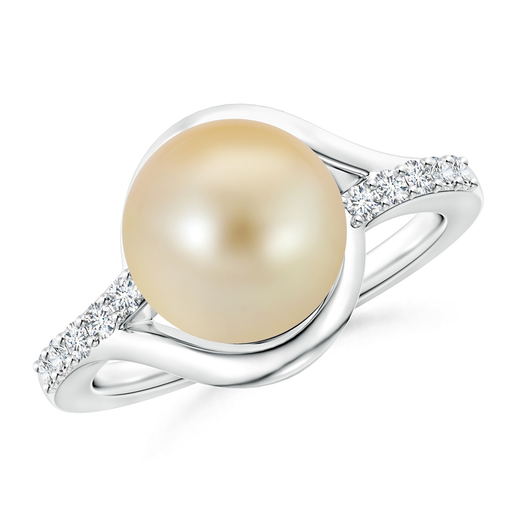 10mm AAA Solitaire Golden South Sea Pearl Bypass Ring with Diamonds in White Gold