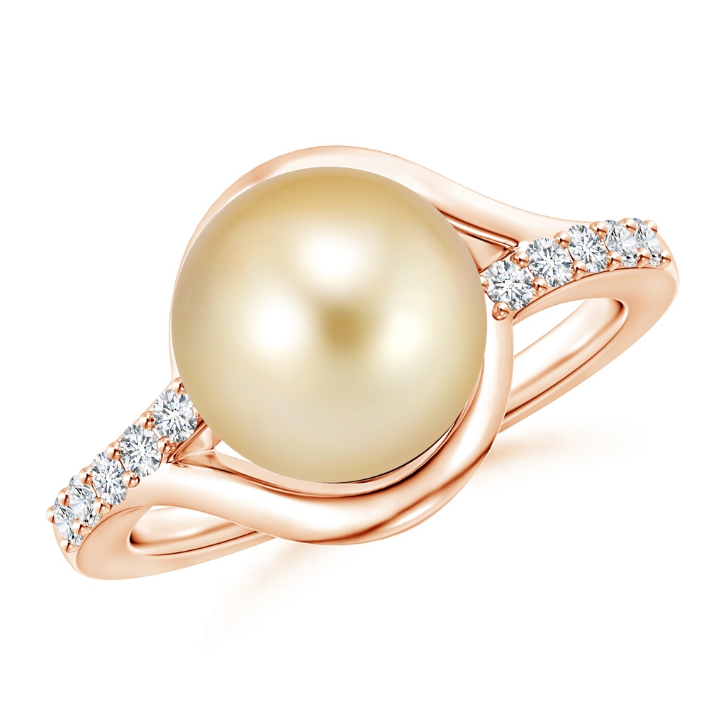 10mm AAAA Solitaire Golden South Sea Pearl Bypass Ring with Diamonds in Rose Gold