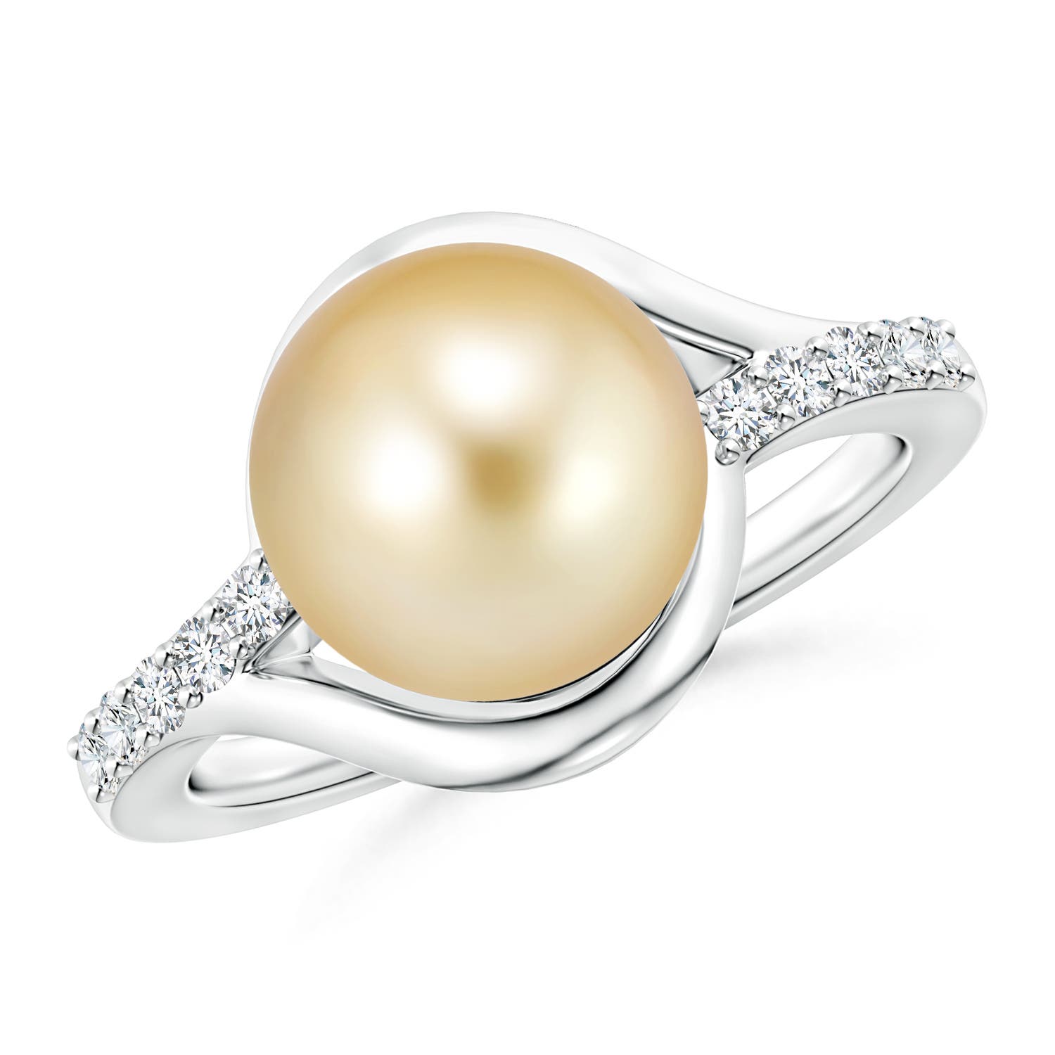 10mm AAAA Solitaire Golden South Sea Pearl Bypass Ring with Diamonds in White Gold