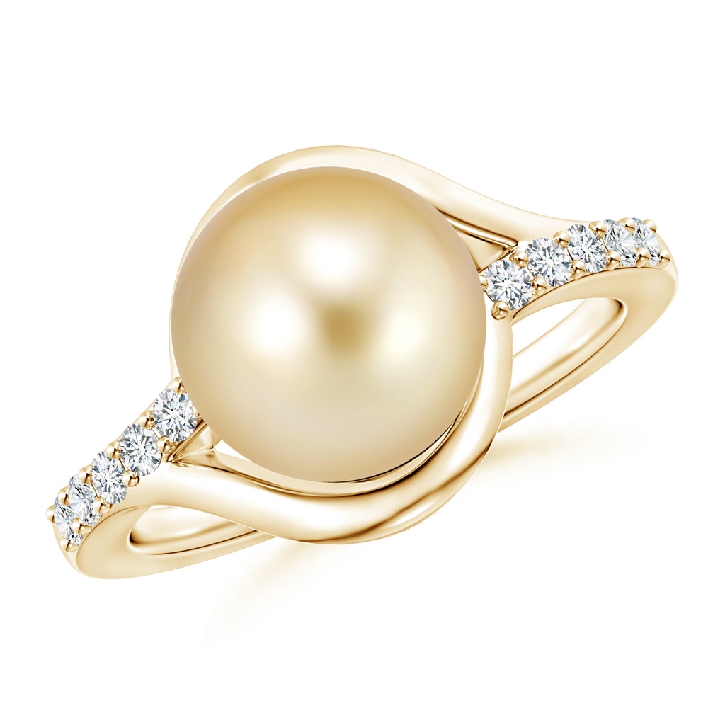 10mm AAAA Solitaire Golden South Sea Pearl Bypass Ring with Diamonds in Yellow Gold
