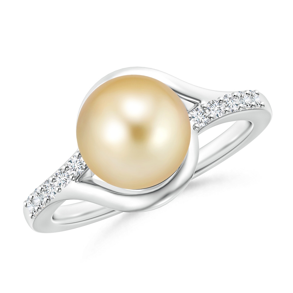 9mm AAAA Solitaire Golden South Sea Pearl Bypass Ring with Diamonds in White Gold