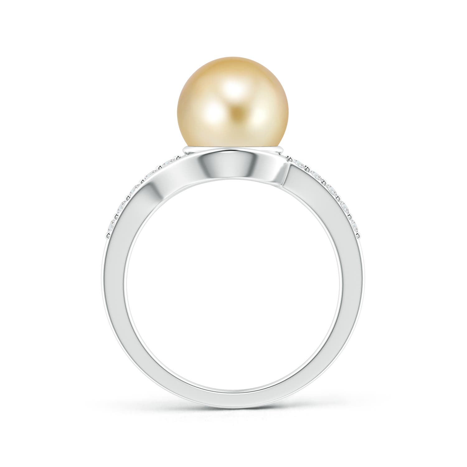 9mm AAAA Solitaire Golden South Sea Pearl Bypass Ring with Diamonds in White Gold - side 1