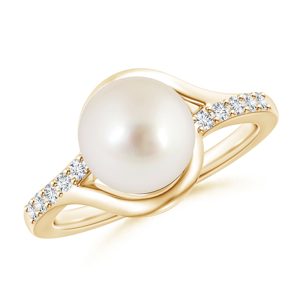 9mm AAAA Solitaire South Sea Pearl Bypass Ring with Diamonds in Yellow Gold