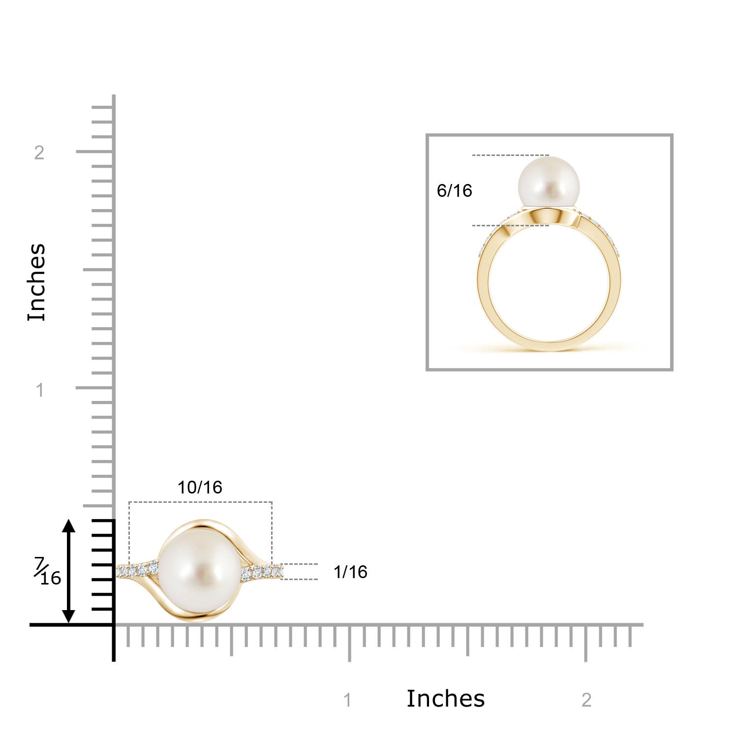 9mm AAAA Solitaire South Sea Pearl Bypass Ring with Diamonds in Yellow Gold - ruler