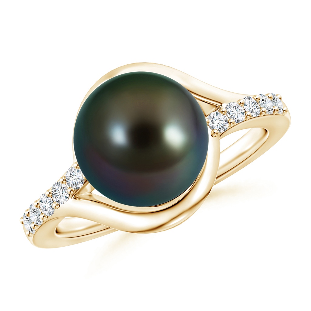 10mm AAAA Solitaire Tahitian Pearl Bypass Ring with Diamonds in Yellow Gold