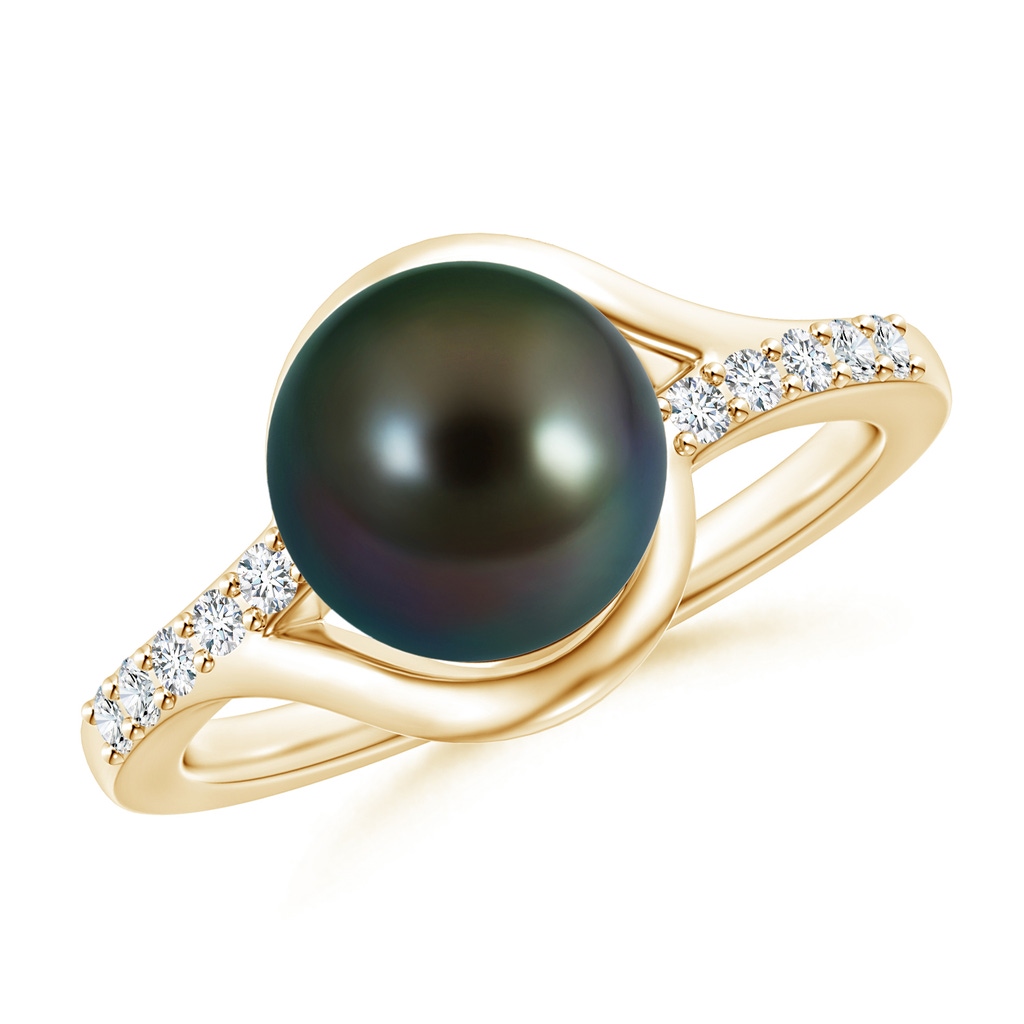 9mm AAAA Solitaire Tahitian Pearl Bypass Ring with Diamonds in Yellow Gold