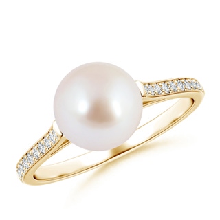 8mm AAA Japanese Akoya Pearl Ring with Pavé Diamonds in Yellow Gold