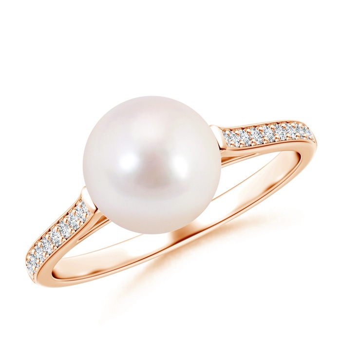 8mm AAAA Japanese Akoya Pearl Ring with Pavé Diamonds in Rose Gold