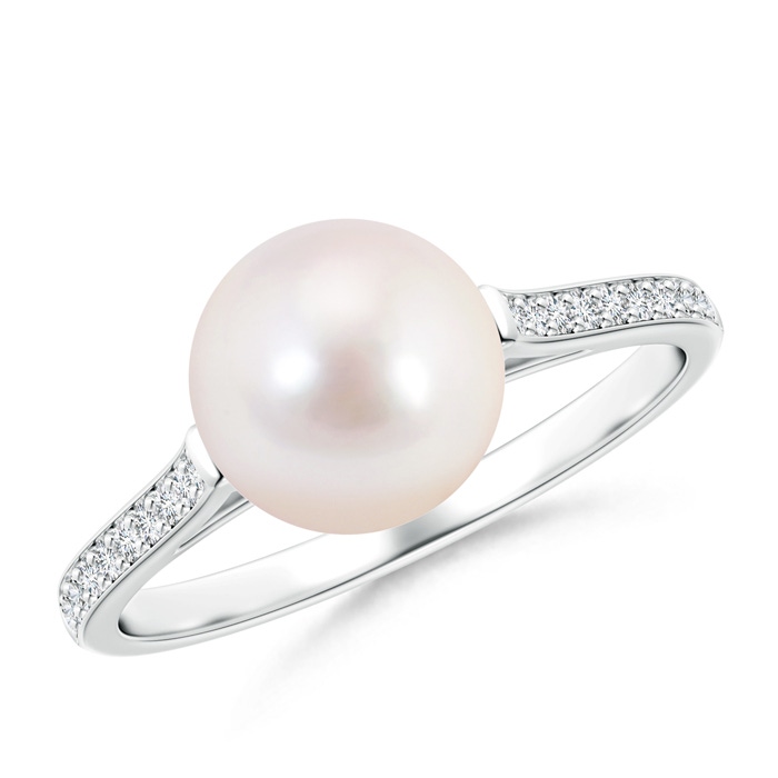 8mm AAAA Japanese Akoya Pearl Ring with Pavé Diamonds in White Gold