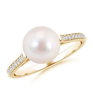 8mm AAAA Japanese Akoya Pearl Ring with Pavé Diamonds in Yellow Gold