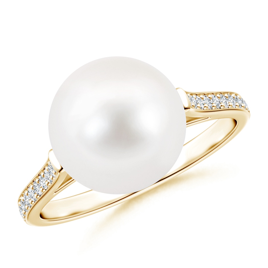 10mm AA Freshwater Pearl Ring with Pavé Diamonds in Yellow Gold 
