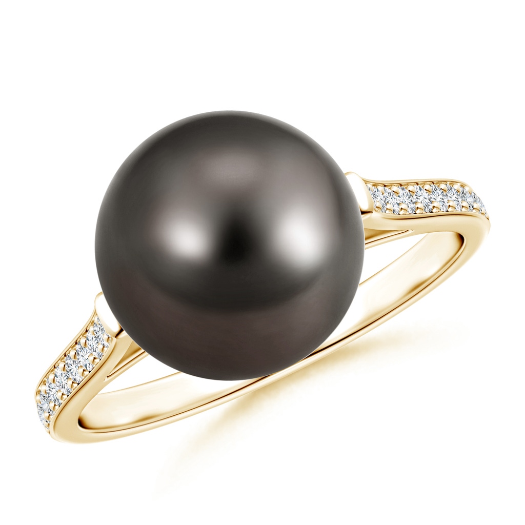 10mm AAA Tahitian Cultured Pearl Ring with Pavé Diamonds in Yellow Gold