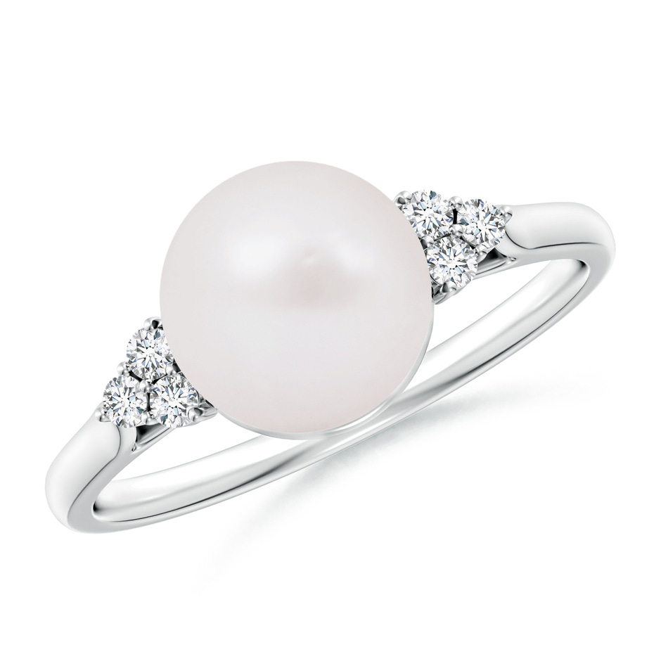 8mm A Japanese Akoya Pearl Ring with Trio Diamonds in S999 Silver 