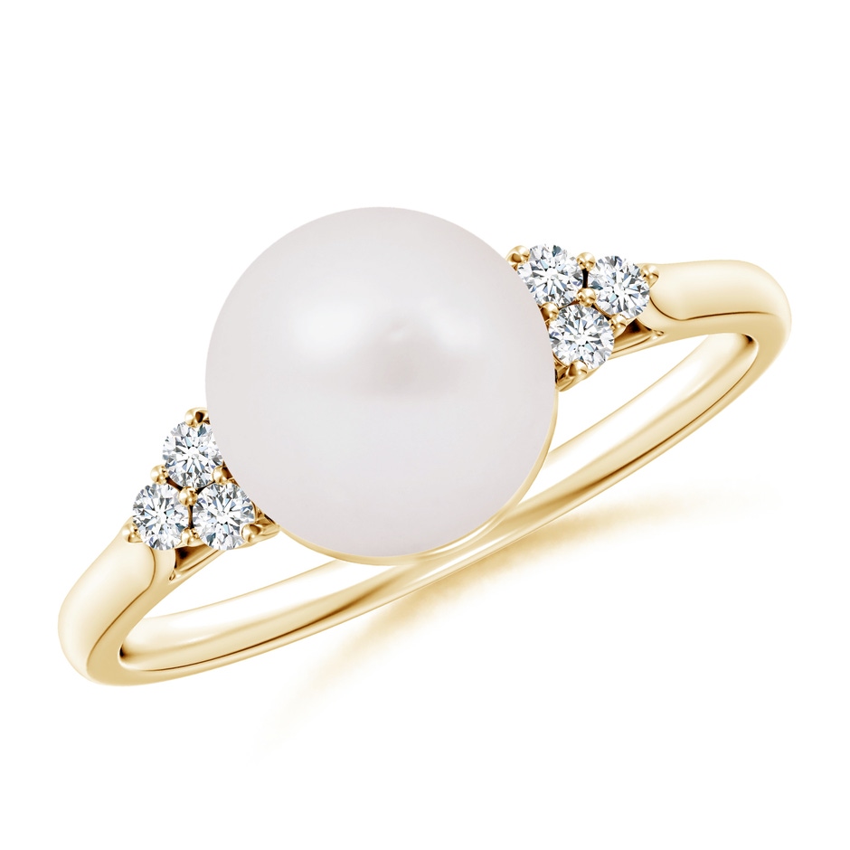 8mm A Japanese Akoya Pearl Ring with Trio Diamonds in Yellow Gold 