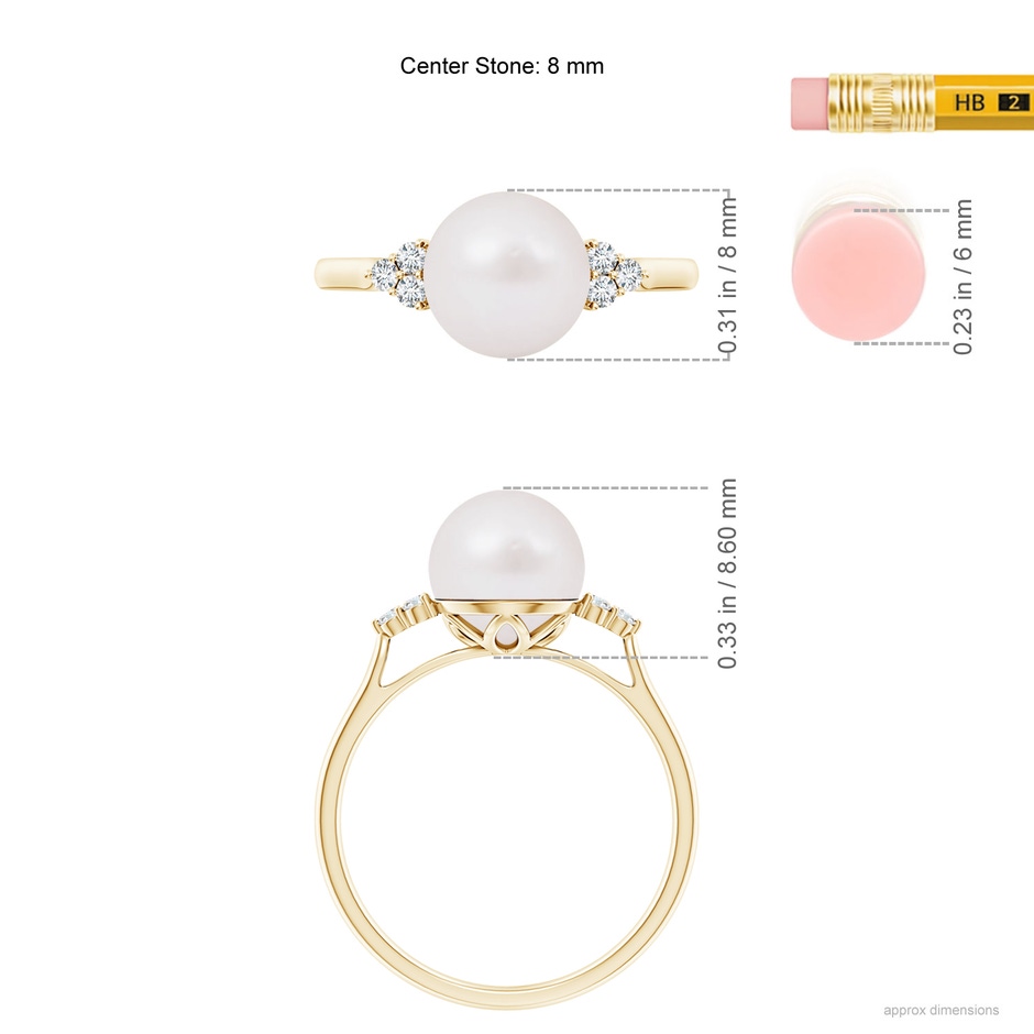 8mm A Japanese Akoya Pearl Ring with Trio Diamonds in Yellow Gold ruler
