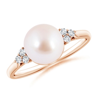 8mm AAA Japanese Akoya Pearl Ring with Trio Diamonds in Rose Gold