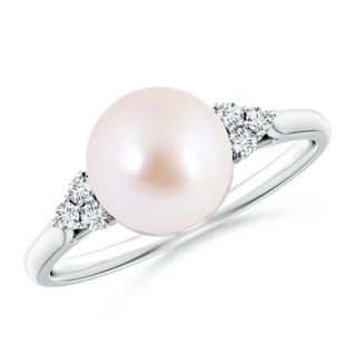 8mm AAA Japanese Akoya Pearl Ring with Trio Diamonds in White Gold