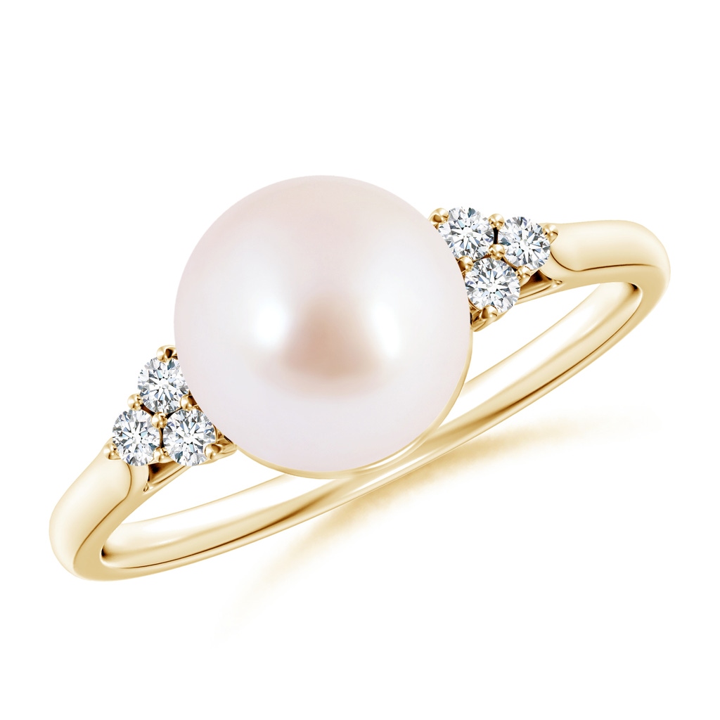 8mm AAA Japanese Akoya Pearl Ring with Trio Diamonds in Yellow Gold 