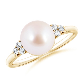 8mm AAA Japanese Akoya Pearl Ring with Trio Diamonds in Yellow Gold