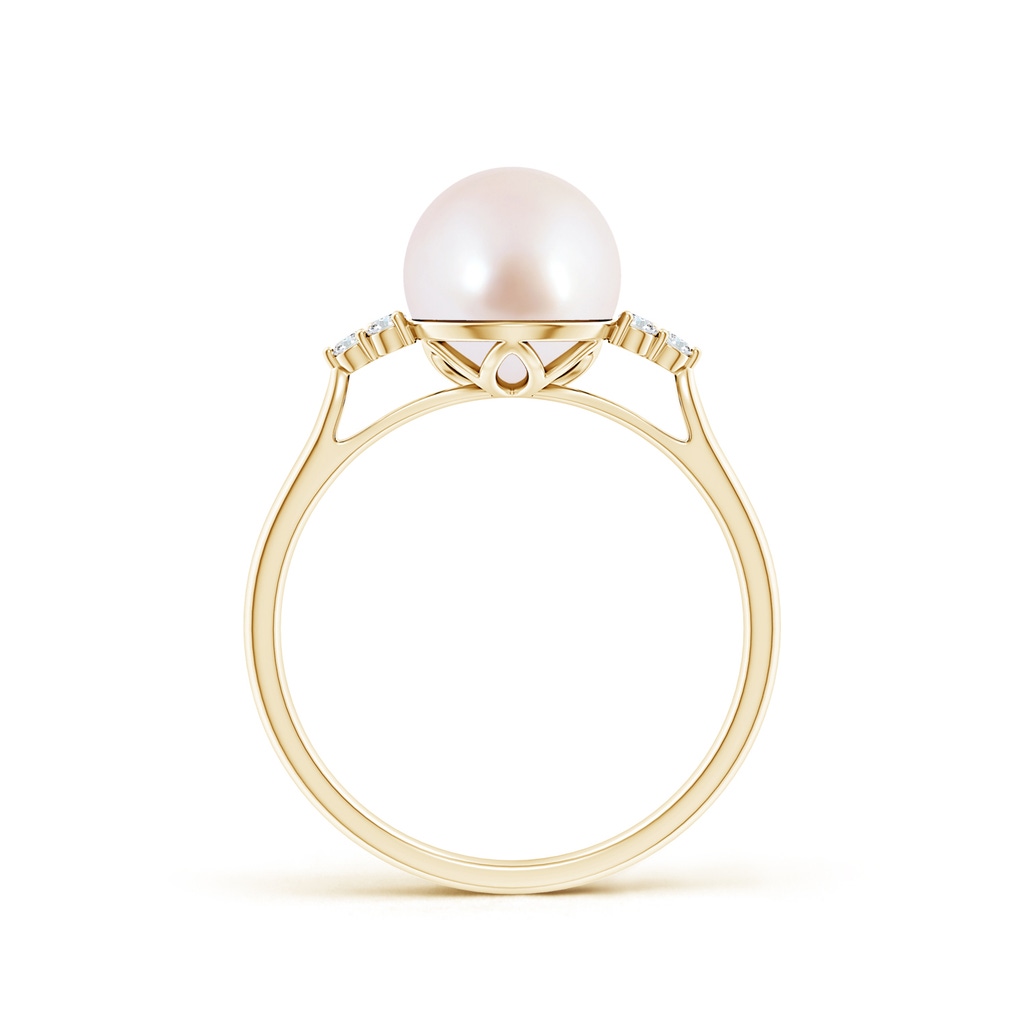 8mm AAA Japanese Akoya Pearl Ring with Trio Diamonds in Yellow Gold Side-1