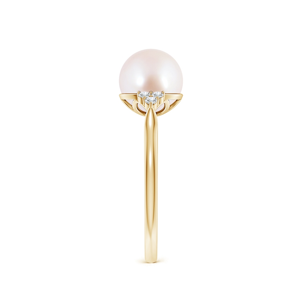 8mm AAA Japanese Akoya Pearl Ring with Trio Diamonds in Yellow Gold Side-2