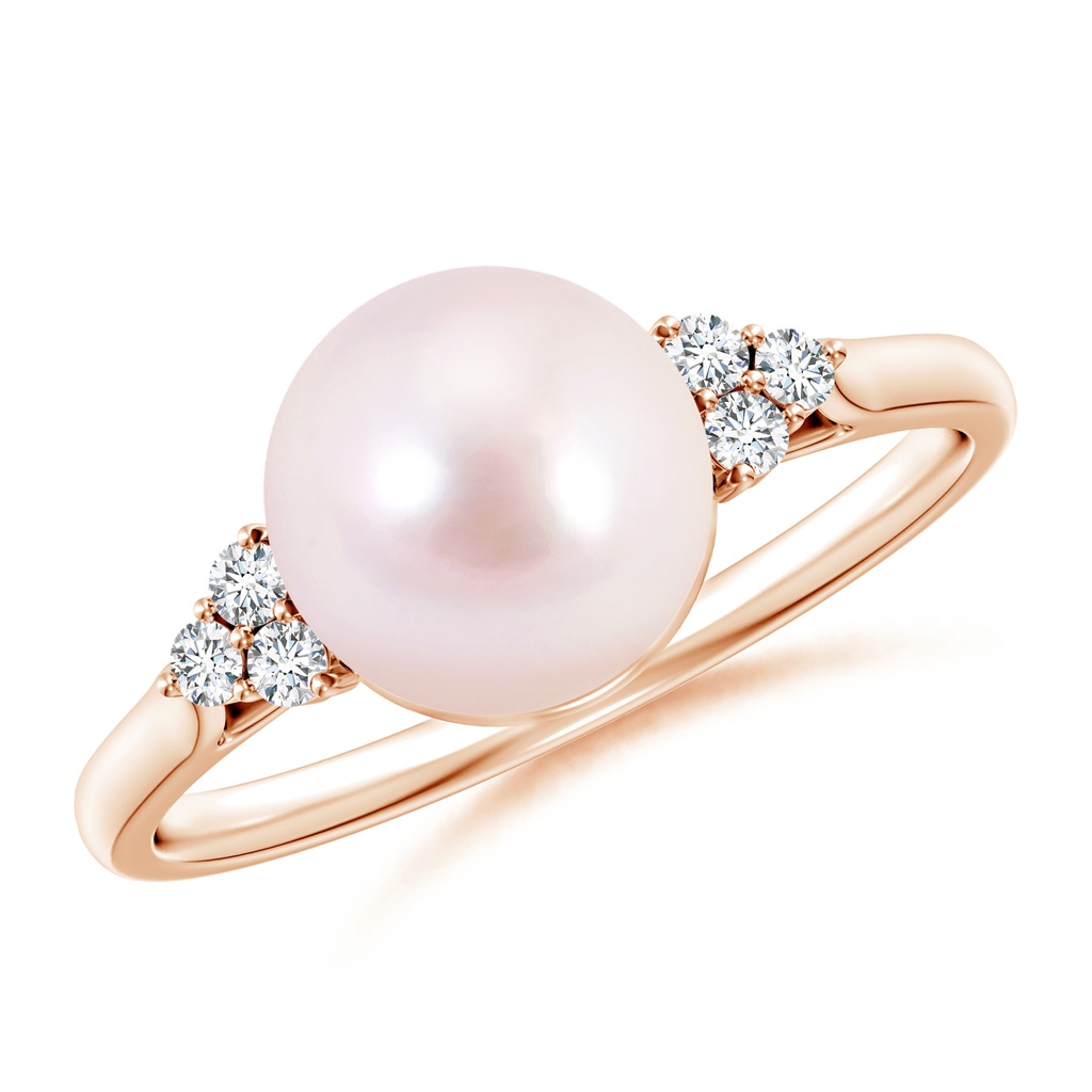 8mm AAAA Japanese Akoya Pearl Ring with Trio Diamonds in Rose Gold
