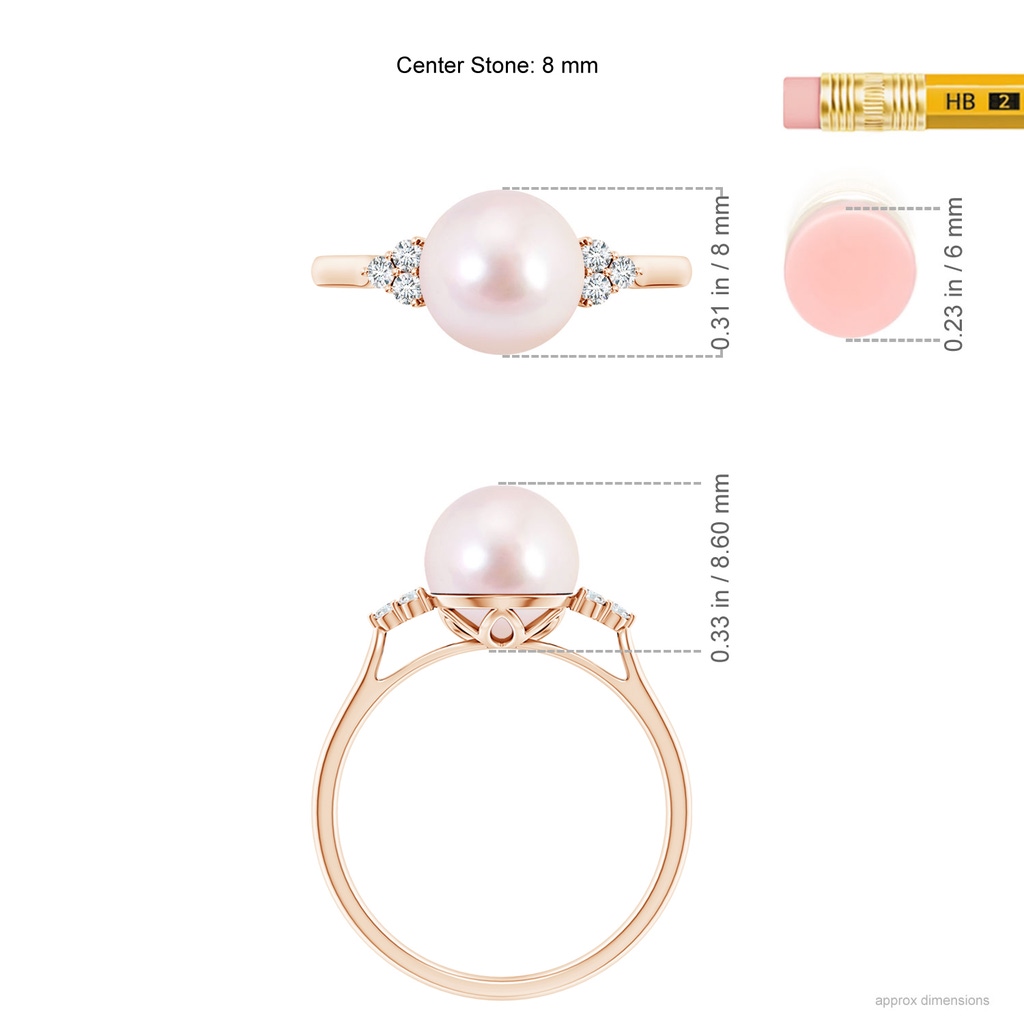 8mm AAAA Japanese Akoya Pearl Ring with Trio Diamonds in Rose Gold Ruler