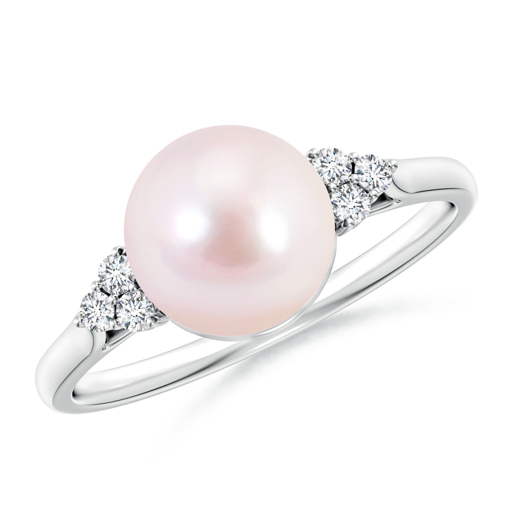 8mm AAAA Japanese Akoya Pearl Ring with Trio Diamonds in S999 Silver