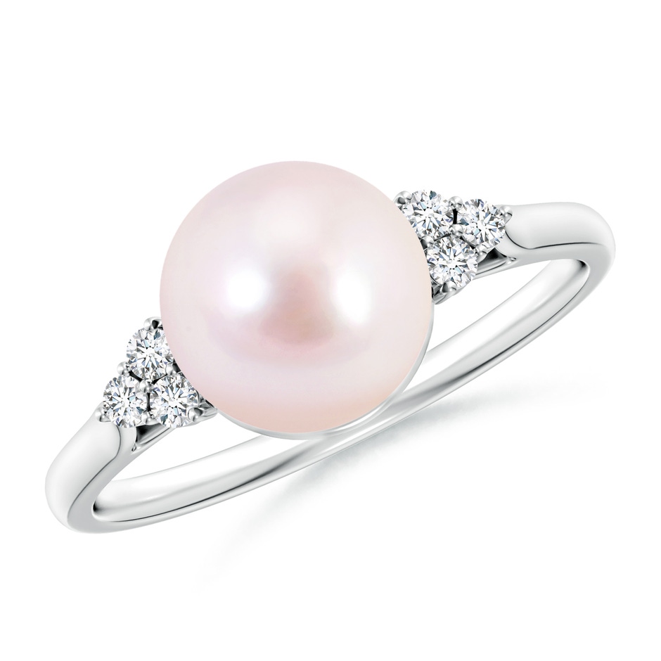 8mm AAAA Japanese Akoya Pearl Ring with Trio Diamonds in S999 Silver 