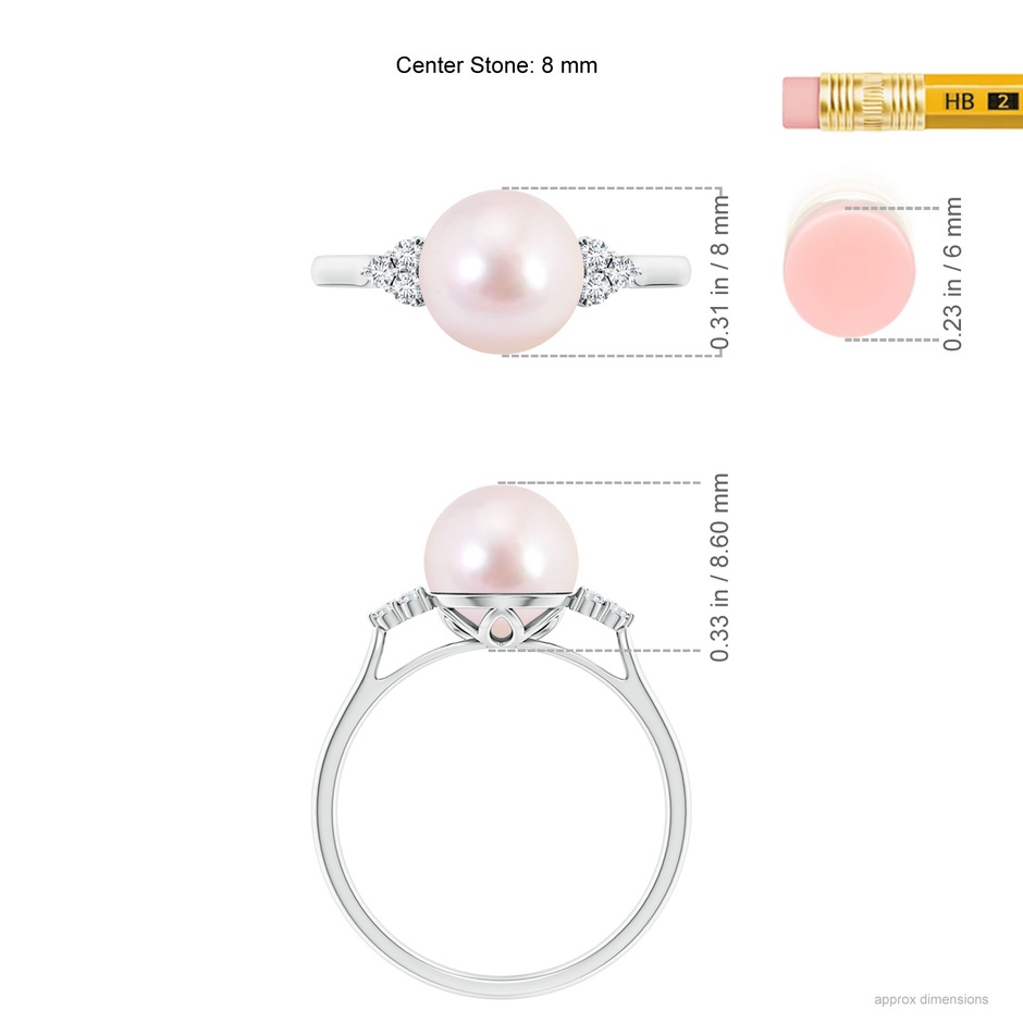 8mm AAAA Japanese Akoya Pearl Ring with Trio Diamonds in S999 Silver ruler